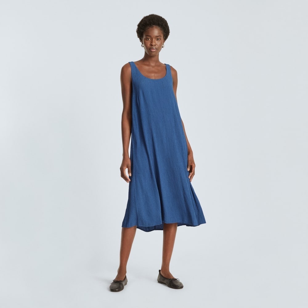 Everlane THE NAIA RIPPLE TANK DRESS In Blue Sleeveless Flowy Midi Organic Cotton